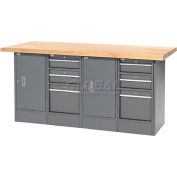 Global Industrial Workbench w/ Maple Square Edge Top, 6 Drawers & 2 Cabinets, 72"Wx30"D, Gray