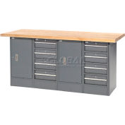 Global Industrial Workbench w/ Maple Square Edge Top, 8 Drawers & 2 Cabinets, 72"Wx30"D, Gray