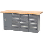 Global Industrial Workbench w/ Maple Square Edge Top, 12 Drawers & 1 Cabinet, 72"Wx24"D, Gray