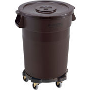 Global Industrial Plastic Trash Can with Lid & Dolly - 32 Gallon Brown