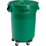 Global Industrial™ Plastic Trash Can with Lid & Dolly - 32 Gallon Green