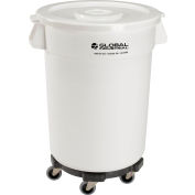 Global Industrial™ Plastic Trash Can with Lid & Dolly - 32 Gallon White