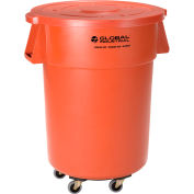 Global Industrial™ Plastic Trash Can with Lid & Dolly - 55 Gallon Orange