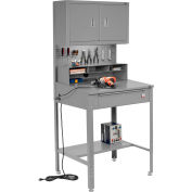 Global Industrial&#153; Flat Surfaced Shop Desk w/ Cabinet & Pegboard, 34-1/2&quot;W x 30&quot;D, Gray