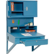 Global Industrial&#153; Wall Mount Shop Desk w/ Pegboard & Cabinet, 34-1/2&quot;W x 30&quot;D, Blue
