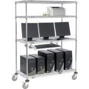 Nexel 4-Shelf Mobile Wire Computer LAN Workstation w/Keyboard Tray, 48"W x 24"D x 69"H, Chrome