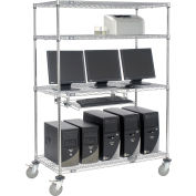 Nexel™ 4-Shelf Mobile Wire Computer LAN Workstation w/Keyboard Tray, 48"W x 24"D x 69"H, Chrome