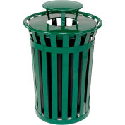 Global Industrial Outdoor Slatted Steel Trash Can With Rain Bonnet Lid, 36 Gallon, Green