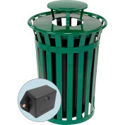 Global Industrial TrashTalk Outdoor Slatted Metal Trash Can w/Rain Lid, 36 Gal., Green