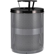 Global Industrial Outdoor Perforated Steel Trash Can With Rain Bonnet Lid, 36 Gallon, Gray