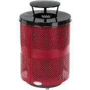 Global Industrial Outdoor Perforated Steel Trash Can W/Rain Bonnet Lid & Base, 36 Gallon, Red