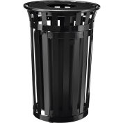 Global Industrial Outdoor Slatted Steel Trash Can W/Access Door & Flat Lid, 36 Gallon, Black