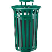 Global Industrial Outdoor Slatted Steel Trash Can W/Access Door & Rain Bonnet Lid,36 Gal,Green