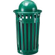 Global Industrial Outdoor Slatted Steel Trash Can W/Access Door & Dome Lid, 36 Gallon, Green
