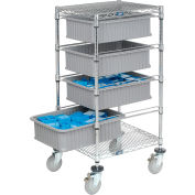 Global Industrial Chrome Wire Cart With (4) 6"H Gray Grid Containers 21" x 24" x 40"