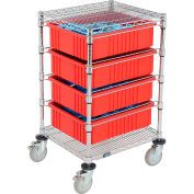 Global Industrial Chrome Wire Cart With (4) 6"H Red Grid Containers 21" x 24" x 40"