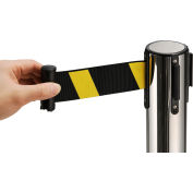Global Industrial Retractable Belt Barrier, 39" Stainless Steel Post, 6-1/2' Black/Yellow Belt