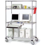 Nexel 4-Shelf Mobile Wire Computer LAN Workstation w/Keyboard Tray, 36"W x 18"D x 69"H, Chrome