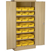 Locking Storage Cabinet 30"W X 15"D X 66"H With 21 Yellow Shelf Bins and 6 Shelves Unassembled
