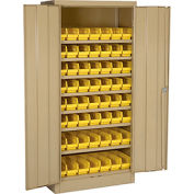 Locking Storage Cabinet 30"W X 15"D X 66"H With 56 Yellow Shelf Bins and 7 Steel Shelves Unassembled