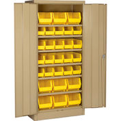 Locking Storage Cabinet 30"W X 15"D X 66"H With 29 Yellow Stacking Bins and 6 Shelves Unassembled