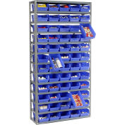 Steel Shelving with 60 4"H Plastic Shelf Bins Blue, 36x12x73-13 Shelves
