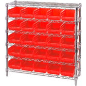Global Industrial Chrome Wire Shelving with 25 4"H Plastic Shelf Bins Red, 36x14x36