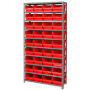 Steel Shelving With 36 4"H Plastic Shelf Bins Red, 36x18x72-13 Shelves