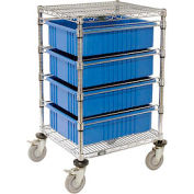 Chrome Wire Cart With (4) 6"H Blue Grid Containers 21" x 24" x 40"