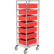 Chrome Wire Cart 21 x 24 x 69 with 7 6"H Grid Containers Red