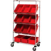 Easy Access Slant Shelf Chrome Wire Cart With 12 6"H Grid Containers Red, 36"L x 18"W x 63"H