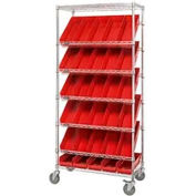 Global Industrial Easy Access Slant Shelf Chrome Wire Cart, 48 4"H Shelf Bins Red, 35Lx18Wx74H