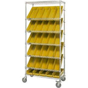 Global Industrial Easy Access Slant Shelf Chrome Wire Cart, 30 4 Shelf Bins Yellow, 36"Lx18x74