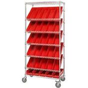 Global Industrial Easy Access Slant Shelf Chrome Wire Cart, 18 4"H Shelf Bins Red, 36Lx18Wx74H