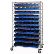Chrome Wire Shelving with 143 4"H Plastic Shelf Bins Blue, 60x14x74