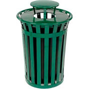 Global Industrial Outdoor Slatted Steel Trash Can With Rain Bonnet Lid, 36 Gallon, Green