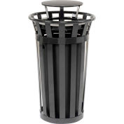 Global Industrial Outdoor Slatted Steel Trash Can With Rain Bonnet Lid, 24 Gallon, Black