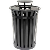 Global Industrial Outdoor Metal Slatted Trash Receptacle with Rain Bonnet Lid - 36 Gal Black