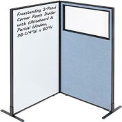 Interion® 2-Panel Corner Room Divider with Whiteboard & Partial Window, 36-1/4"W x 60"H, Blue