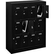 Global™ 12 Doors Tablet & Cell Phone Locker with Keyed Lock & Hasp and Master Door Open–Black