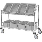 Global Industrial™ Easy Access Slant Shelf Chrome Wire Cart, 8 Gray Grid Containers 48Lx18Wx48H