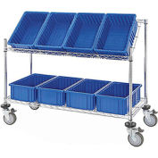 Global Industrial Easy Access Slant Shelf Chrome Wire Cart, 8 Blue Grid Containers 48Lx18Wx48H