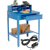 Shop Desk with Pigeonhole Riser & Electrical Outlets 34-1/2"W x 30"D x 38"H Sloped Surface - Blue
