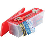 Ribbon Storage Plastic Box w/Divider and Tray, Red Lid/Clear Container, 16" L x 5-9/16" W x 5-1/2" H - Pkg Qty 6