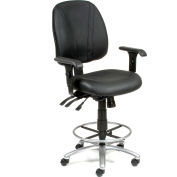 Interion® Deluxe Leather Office Stool with Arms - 360° Footrest - Black