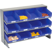Global Industrial 3 Shelf Bench Pick Rack - 12 Blue Shelf Bins 8 Inch Wide 33x12x21