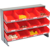 Global Industrial 3 Shelf Bench Pick Rack - 12 Red Plastic Shelf Bins 8 Inch Wide 33x12x21