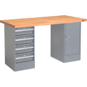 Global Industrial&#153; 96 x 30 Pedestal Workbench - 4 Drawers & Cabinet, Maple Square Edge - Gray
