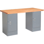 Global Industrial 96 x 30 Pedestal Workbench - Double Cabinet, Maple Block Square Edge - Gray