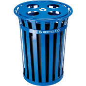 Global Industrial Outdoor Steel Slatted Recycling Can With Multi-Stream Lid, 36 Gallon, Blue